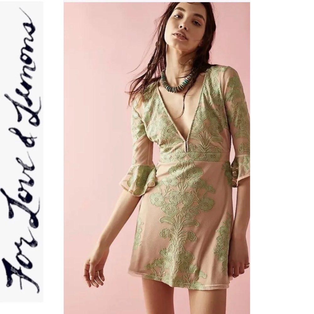 NWT For Love & Lemons x FP Temecula Green Lace/Nude Mini Dress xs